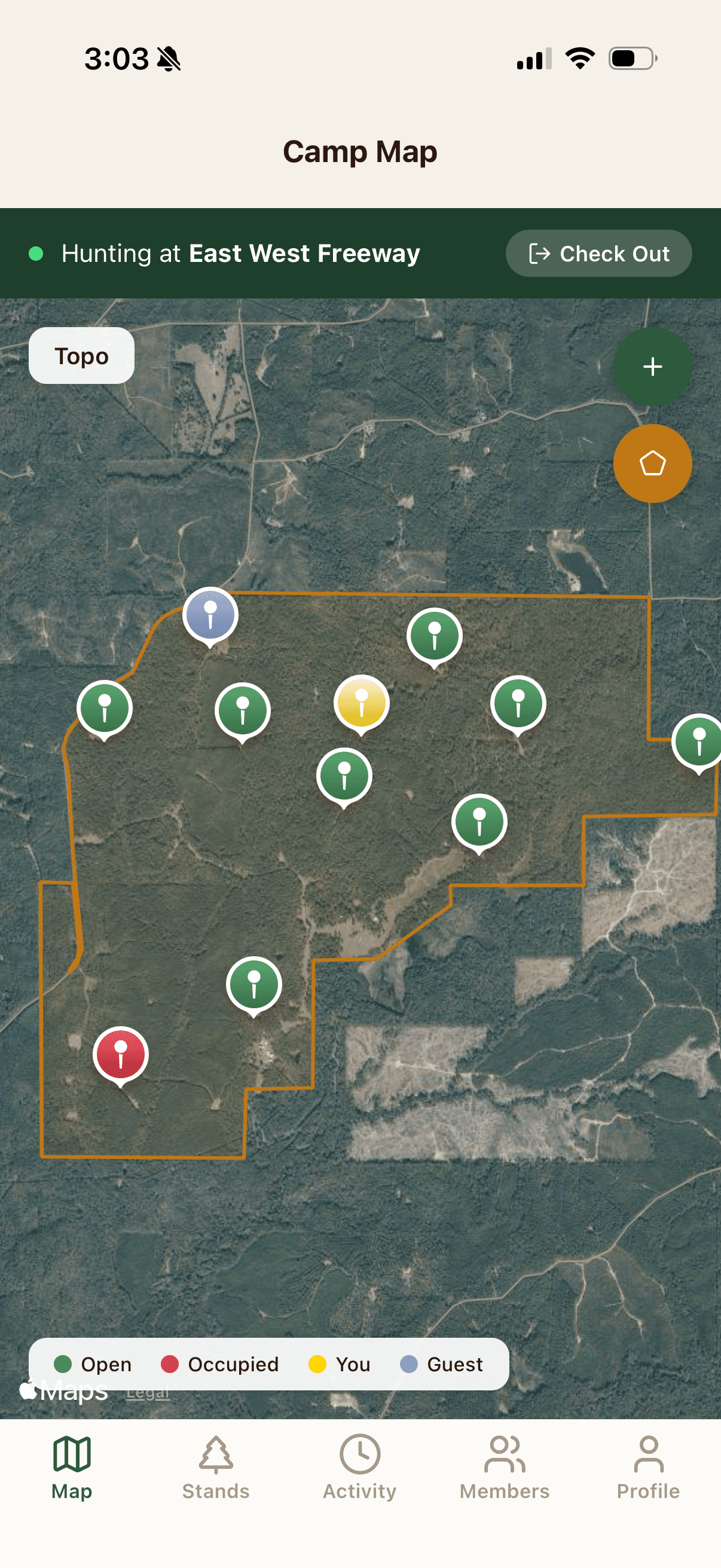 Hunt Ledger mobile app map showing stand visibility and check-in status.